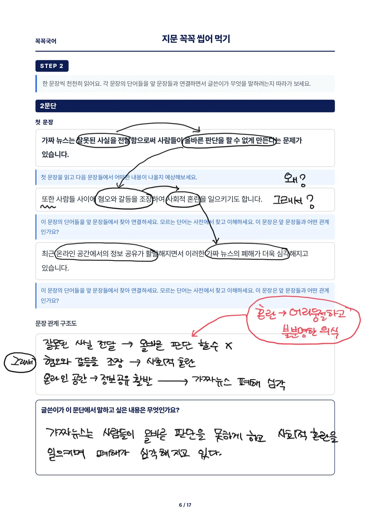 문단의 문장 관계 구조도를 그린 교재